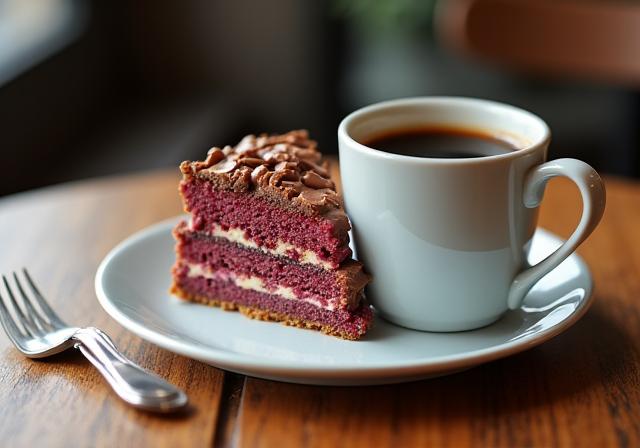 A slice of cake paired perfectly with a black coffee.