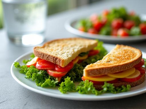 A freshly made sandwich and salad for light lunch.