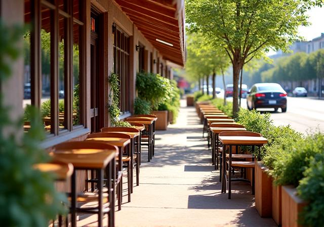 Quaint outdoor seating area of Kestrel Cafe on a sunny day.