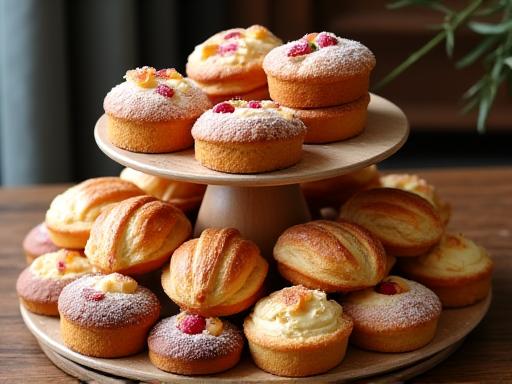A display of freshly baked pastries and cakes.